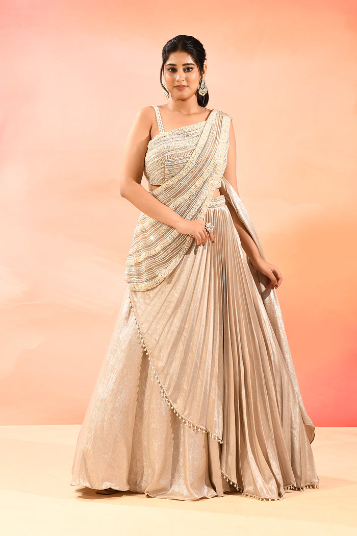 Pearl White Satin Drape Saree With Pearl Embellished Blouse