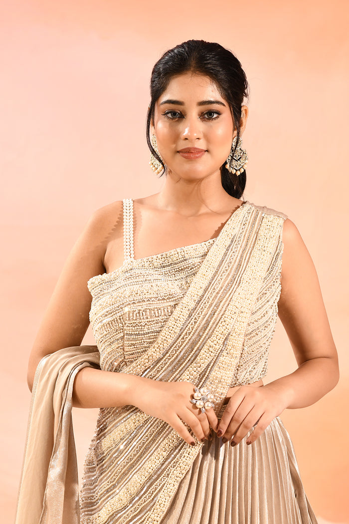 Pearl White Satin Drape Saree With Pearl Embellished Blouse