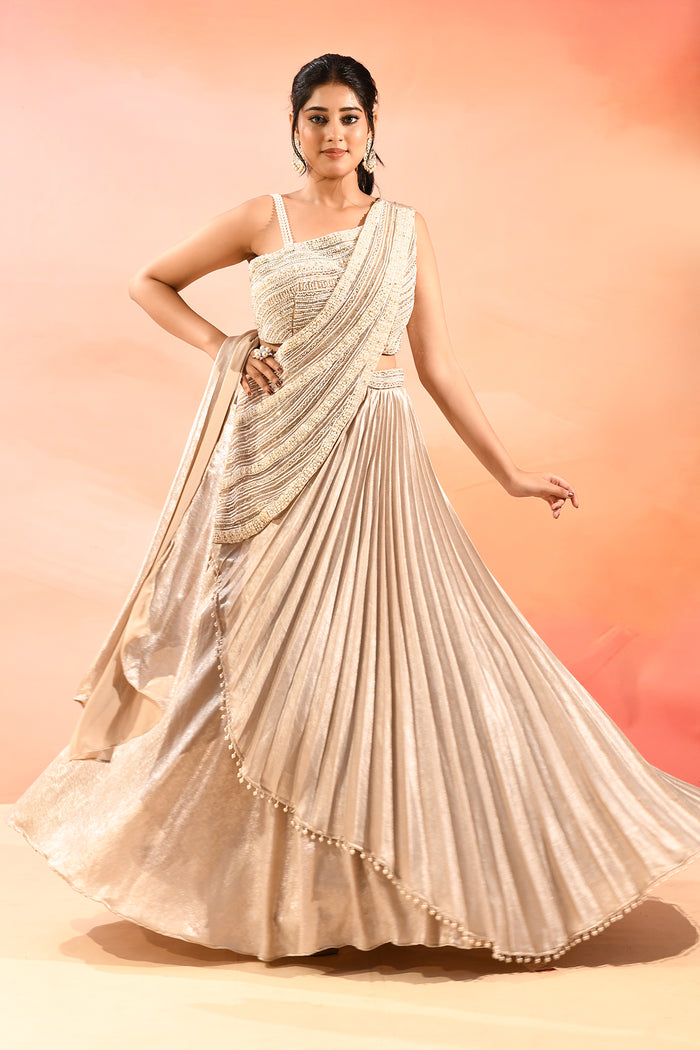 Pearl White Satin Drape Saree With Pearl Embellished Blouse