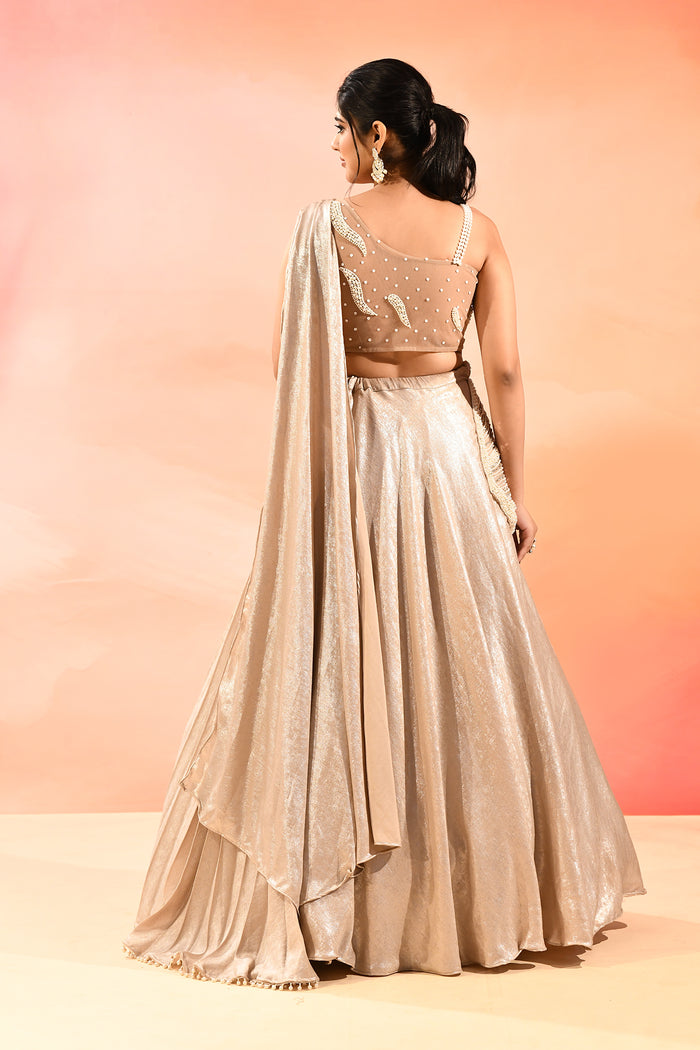 Pearl White Satin Drape Saree With Pearl Embellished Blouse