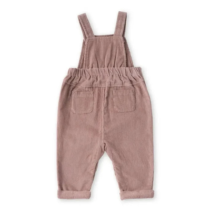 Pink corduroy overalls on a white background