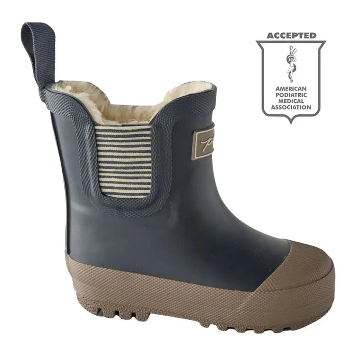 Navy and brown rain boot with striped lining on a white background