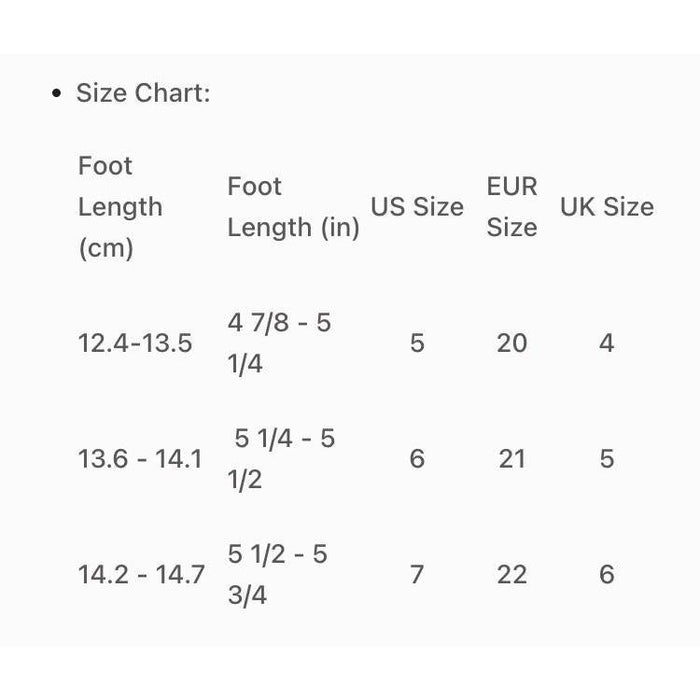 A size chart table showing foot length in centimeters and inches, mapped to US Size, EUR Size, and UK Size.