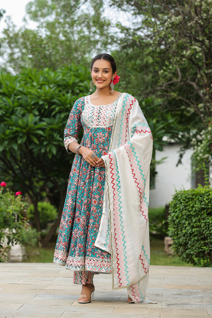 <img> Persian Green Cotton Floral Printed Anarkali Set