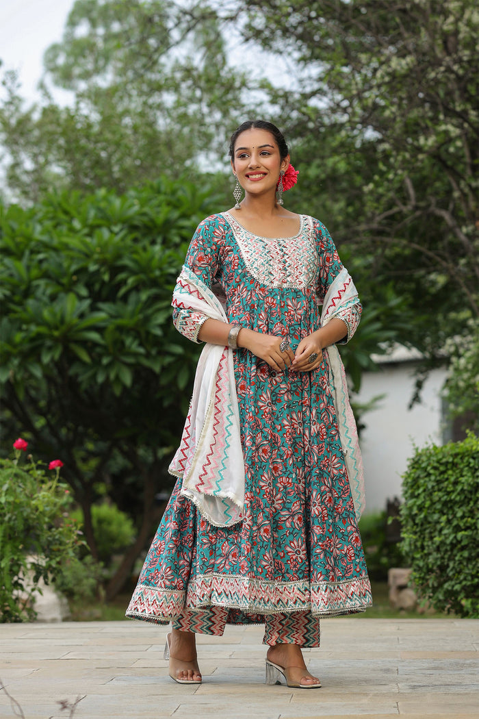 <img> Persian Green Cotton Floral Printed Anarkali Set