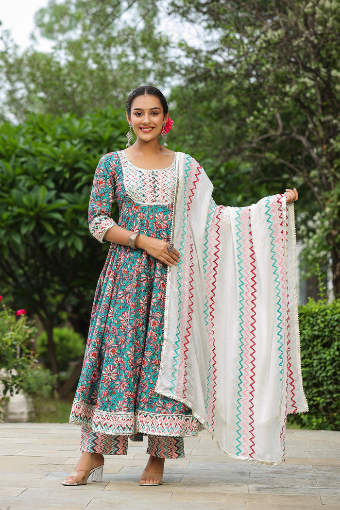 <img> Persian Green Cotton Floral Printed Anarkali Set