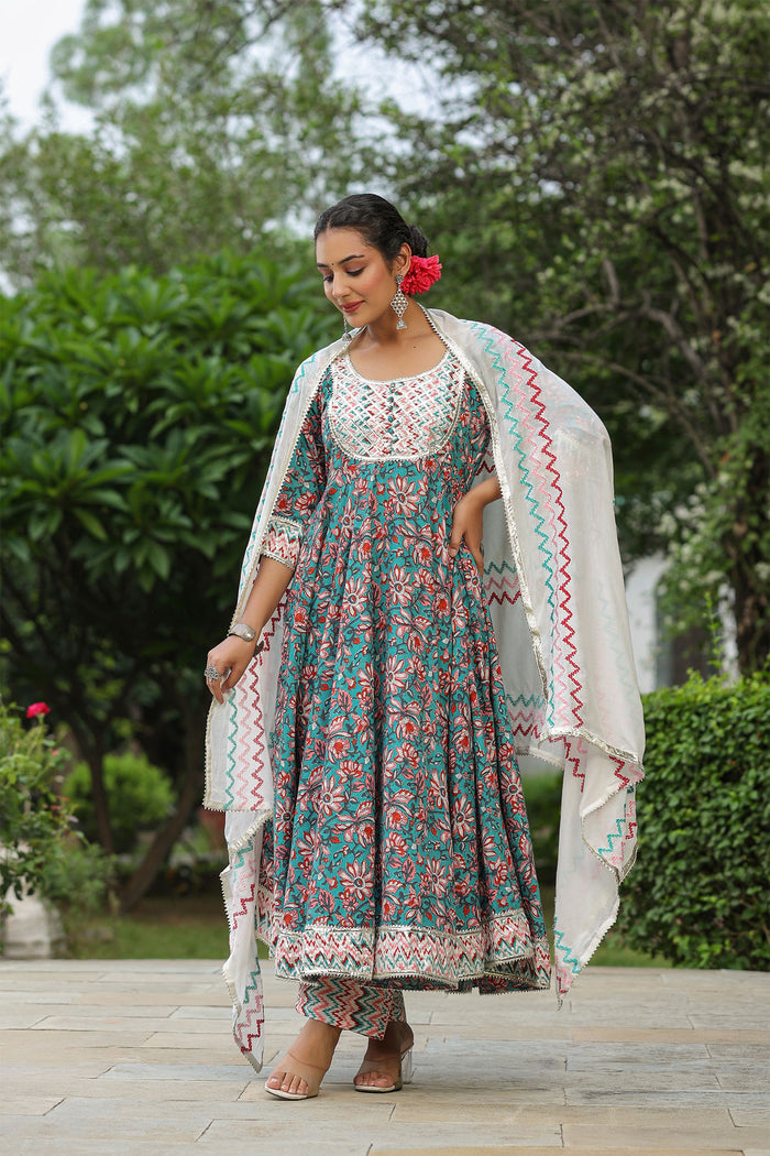 <img> Persian Green Cotton Floral Printed Anarkali Set