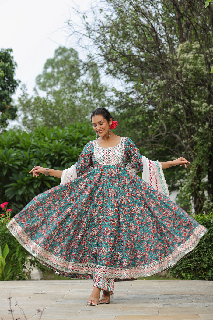 <img> Persian Green Cotton Floral Printed Anarkali Set