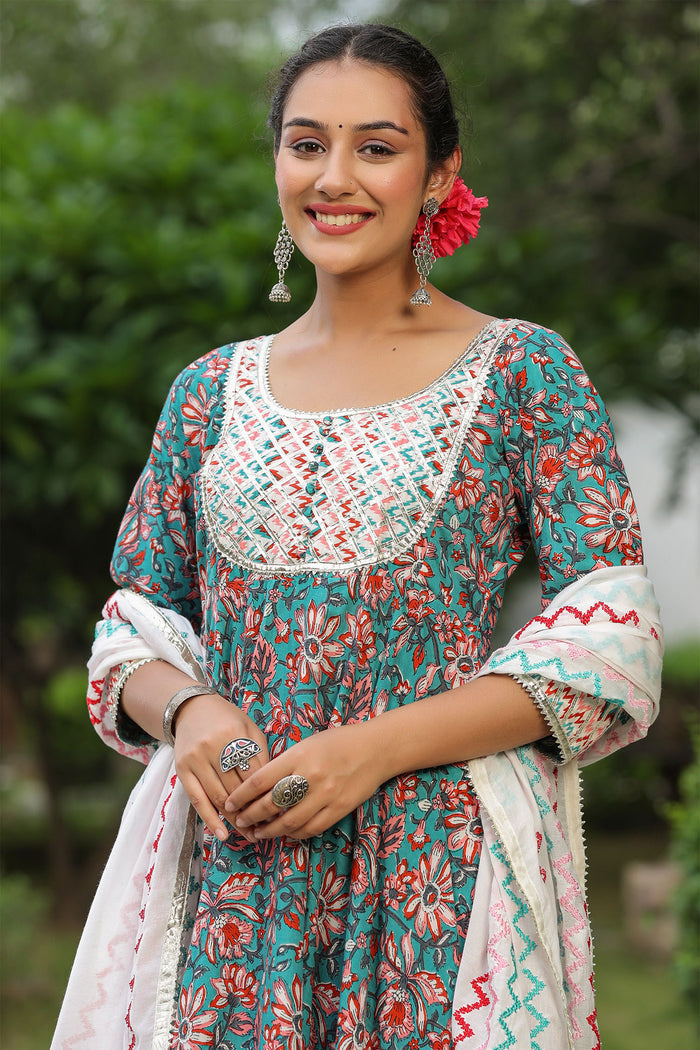 <img> Persian Green Cotton Floral Printed Anarkali Set