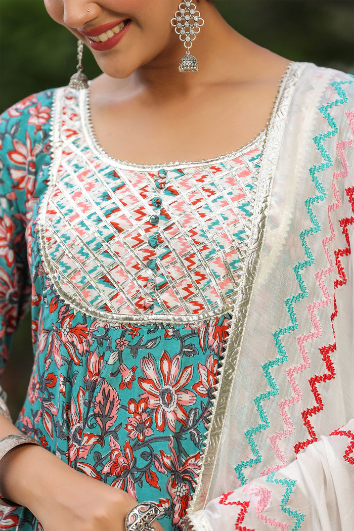 <img> Persian Green Cotton Floral Printed Anarkali Set