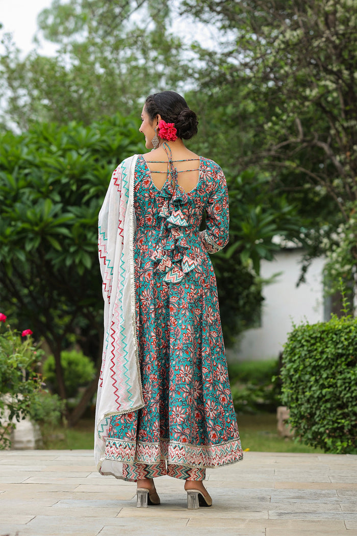 <img> Persian Green Cotton Floral Printed Anarkali Set