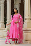 <img> Persian Pink Cotton Bandhani Printed Anarkali Set
