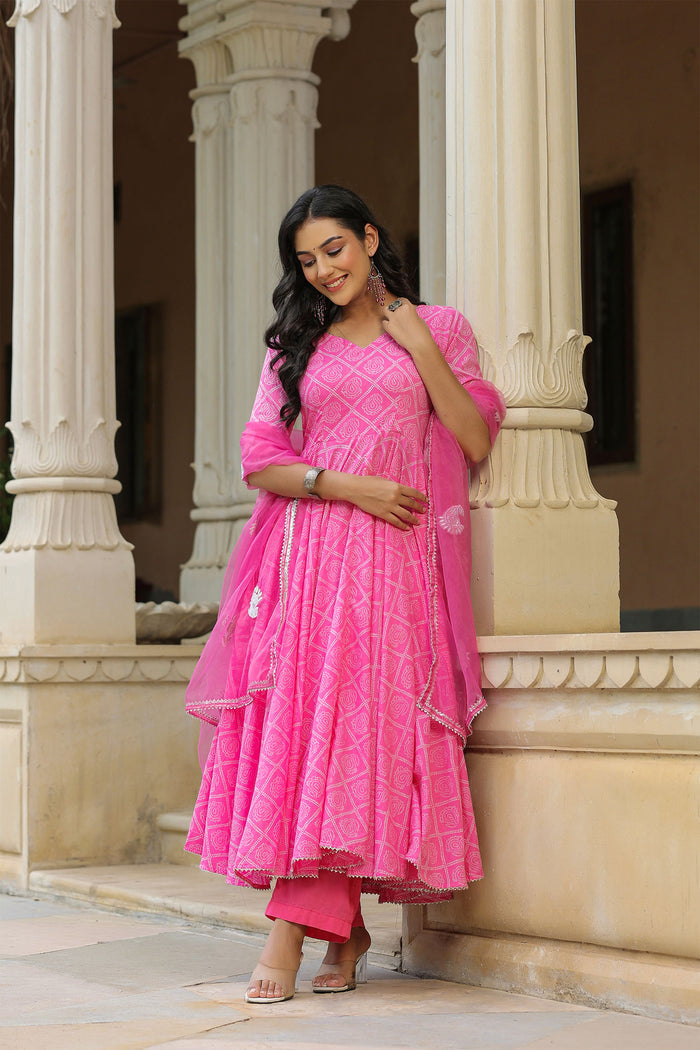 <img> Persian Pink Cotton Bandhani Printed Anarkali Set
