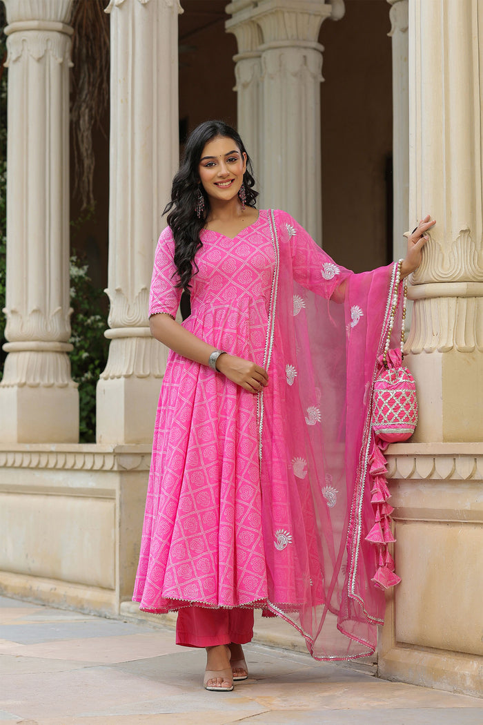 <img> Persian Pink Cotton Bandhani Printed Anarkali Set