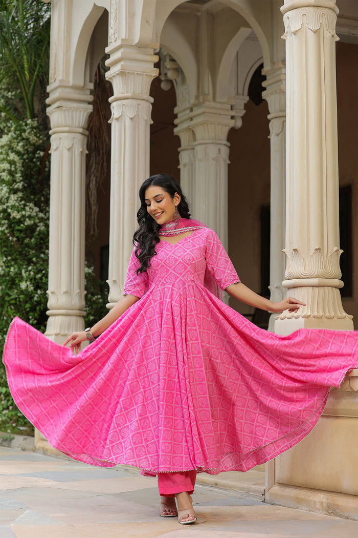 <img> Persian Pink Cotton Bandhani Printed Anarkali Set