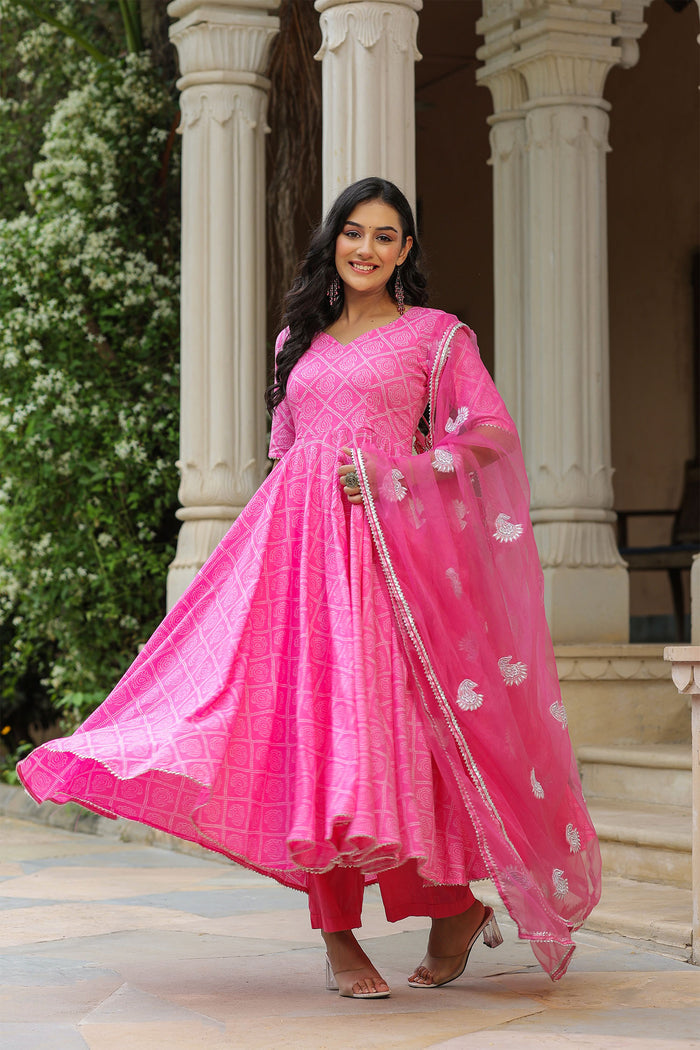 <img> Persian Pink Cotton Bandhani Printed Anarkali Set