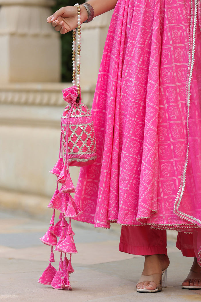 <img> Persian Pink Cotton Bandhani Printed Anarkali Set