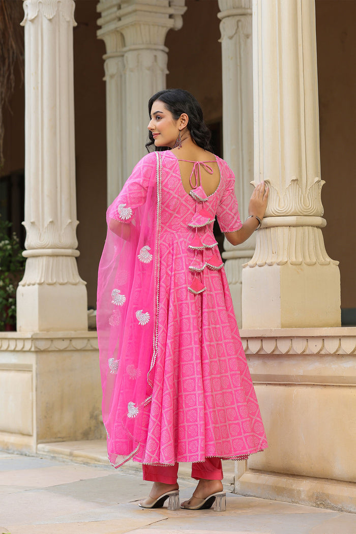 <img> Persian Pink Cotton Bandhani Printed Anarkali Set