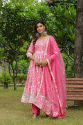 <img> Persian Pink Cotton Floral Printed Anarkali Set