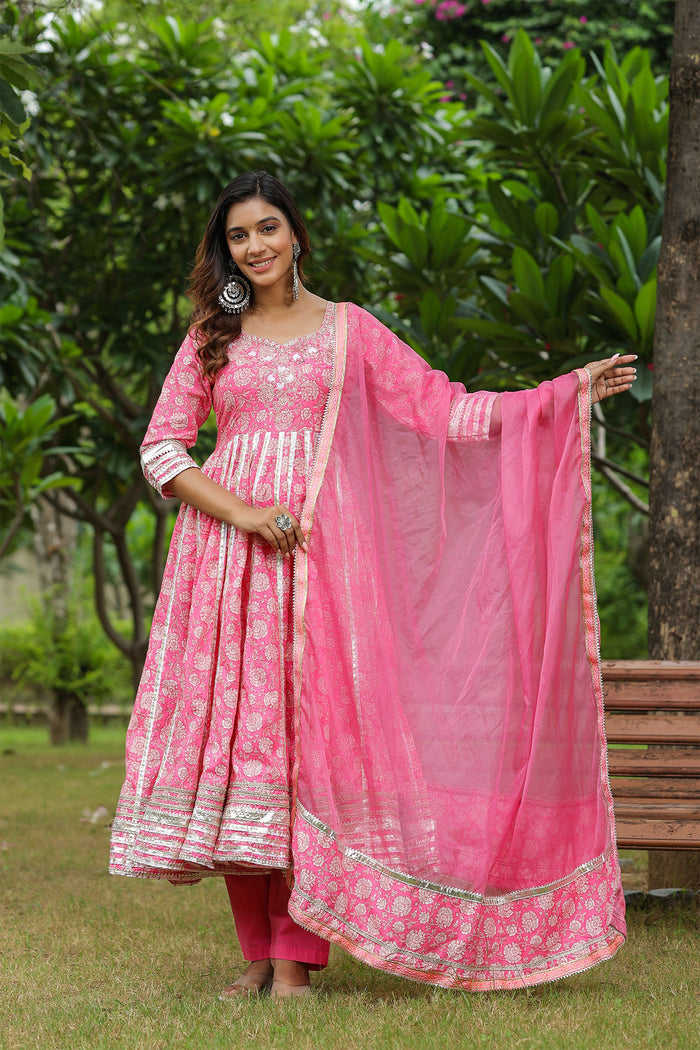 <img> Persian Pink Cotton Floral Printed Anarkali Set