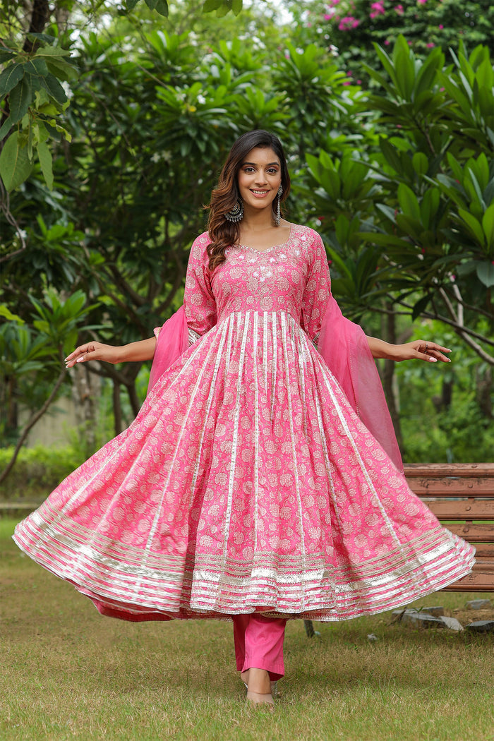<img> Persian Pink Cotton Floral Printed Anarkali Set