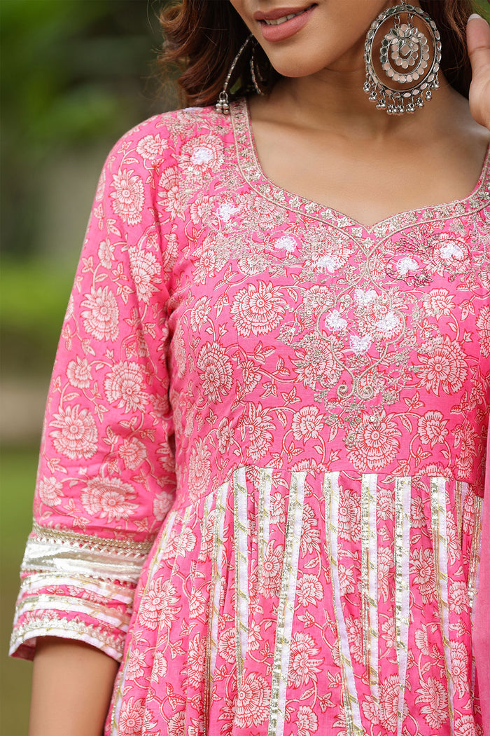 <img> Persian Pink Cotton Floral Printed Anarkali Set