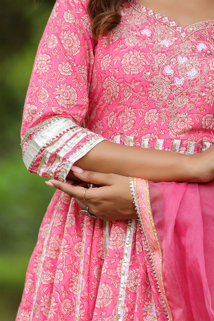 <img> Persian Pink Cotton Floral Printed Anarkali Set