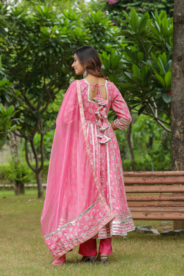 <img> Persian Pink Cotton Floral Printed Anarkali Set