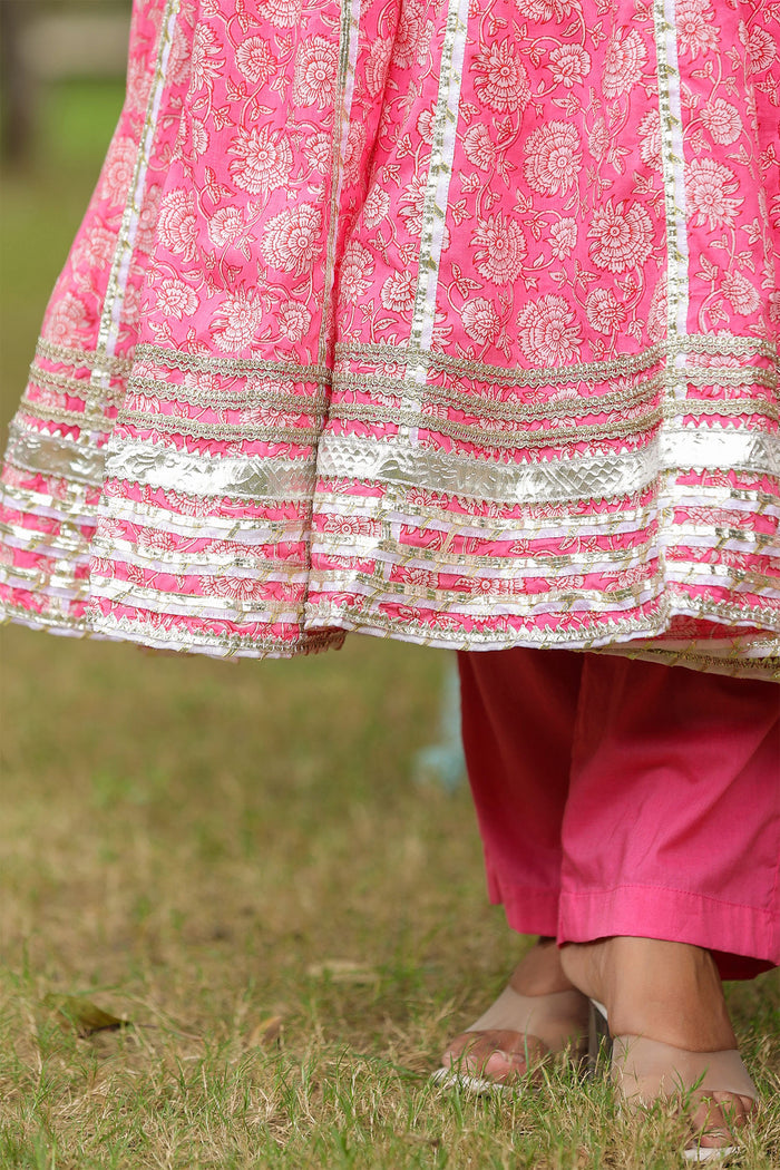 <img> Persian Pink Cotton Floral Printed Anarkali Set