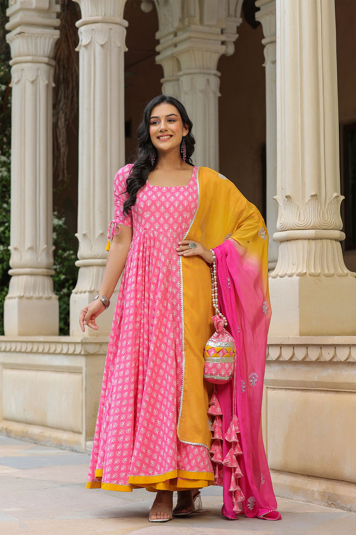 <img> Persian Pink Cotton Printed Anarkali Set