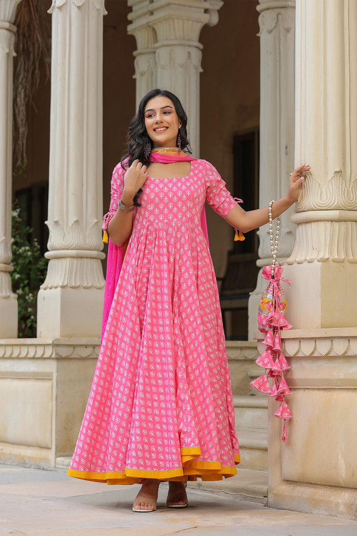 <img> Persian Pink Cotton Printed Anarkali Set