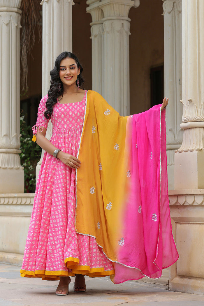 <img> Persian Pink Cotton Printed Anarkali Set