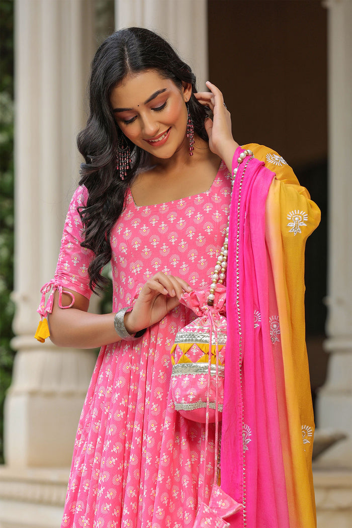 <img> Persian Pink Cotton Printed Anarkali Set