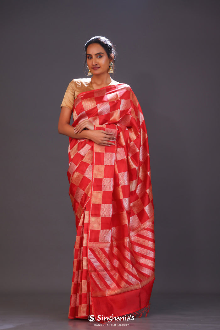 <img> Persian Red Checks Banarasi Silk Saree