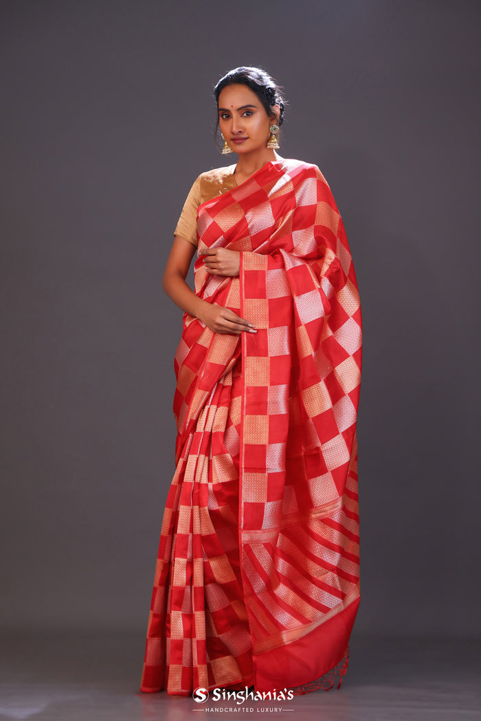 <img> Persian Red Checks Banarasi Silk Saree