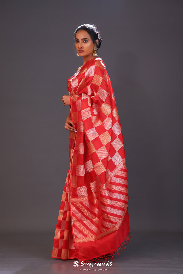 <img> Persian Red Checks Banarasi Silk Saree