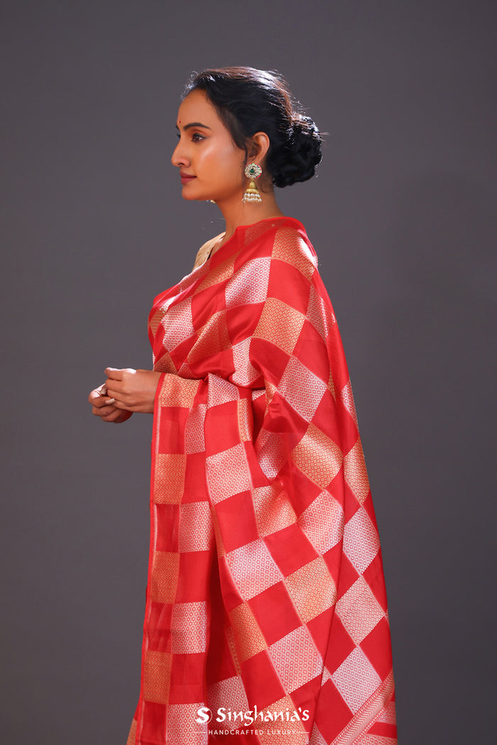 <img> Persian Red Checks Banarasi Silk Saree