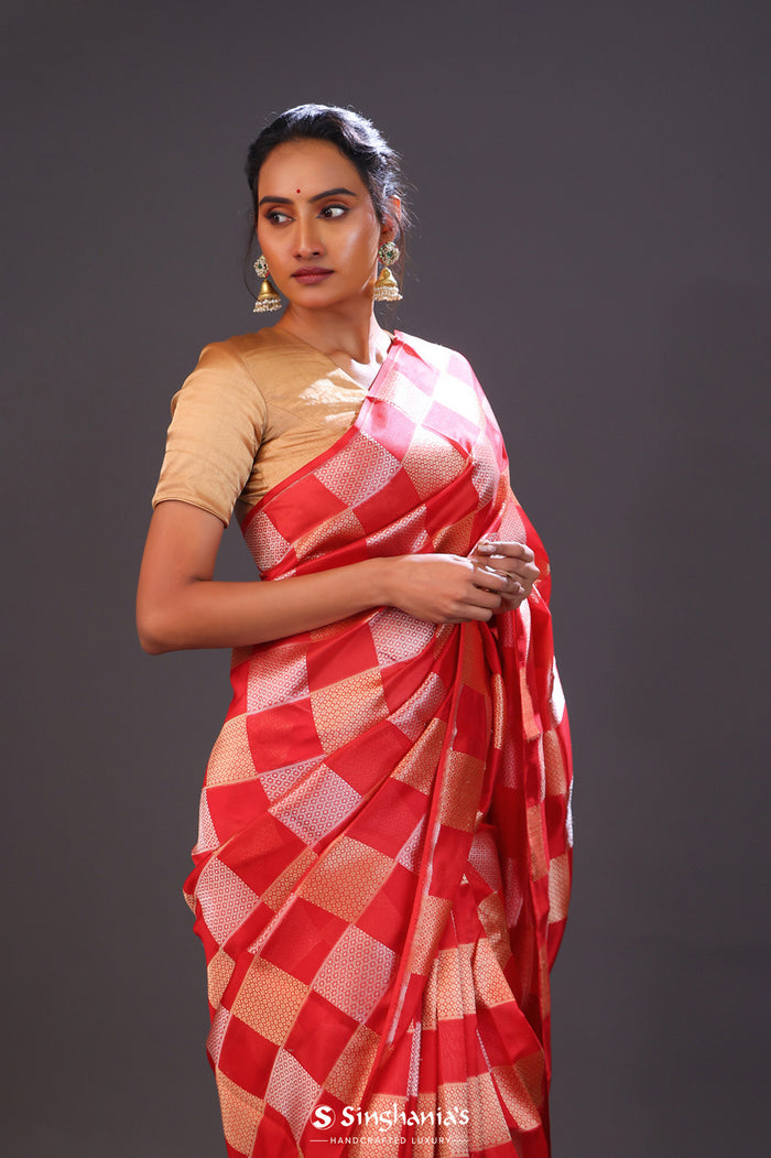 <img> Persian Red Checks Banarasi Silk Saree