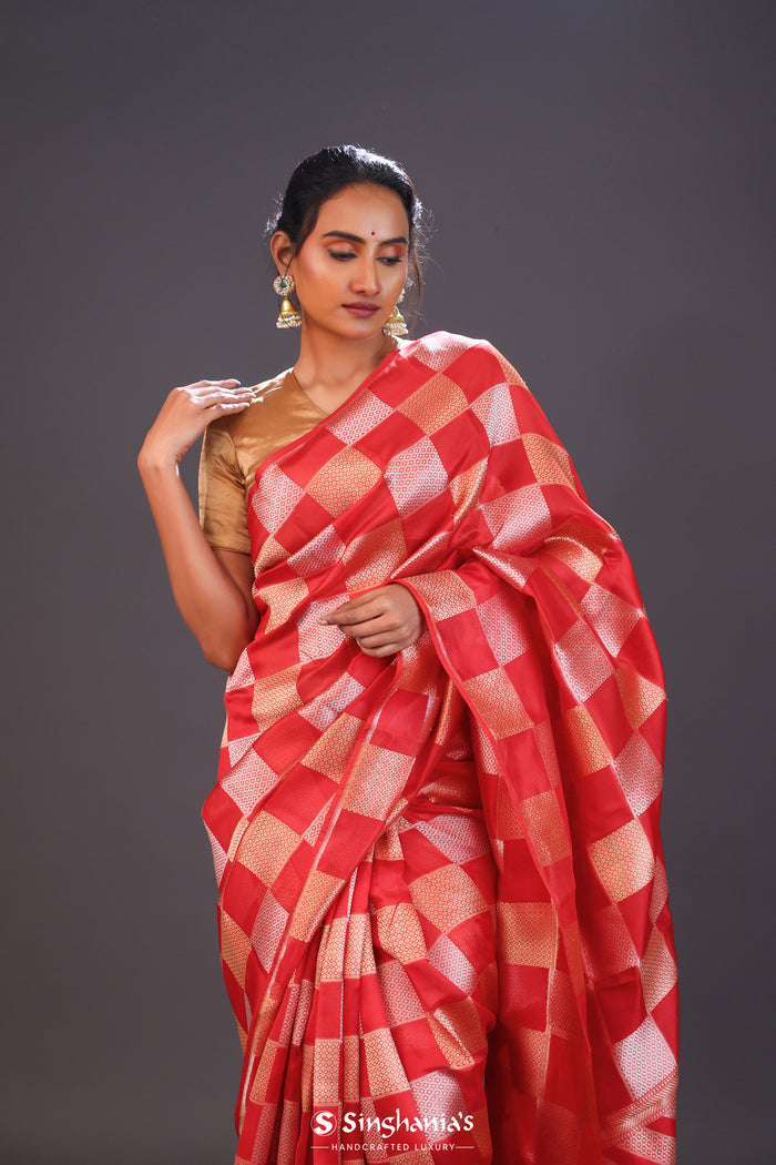 <img> Persian Red Checks Banarasi Silk Saree