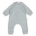 A baby long-sleeve romper with light blue and white horizontal stripes, laid flat on a white background.