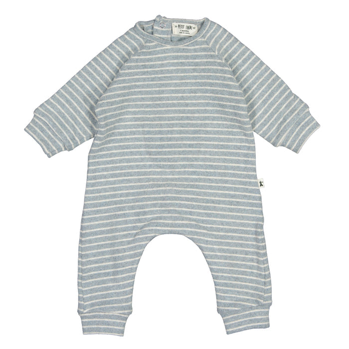 A baby long-sleeve romper with light blue and white horizontal stripes, laid flat on a white background.