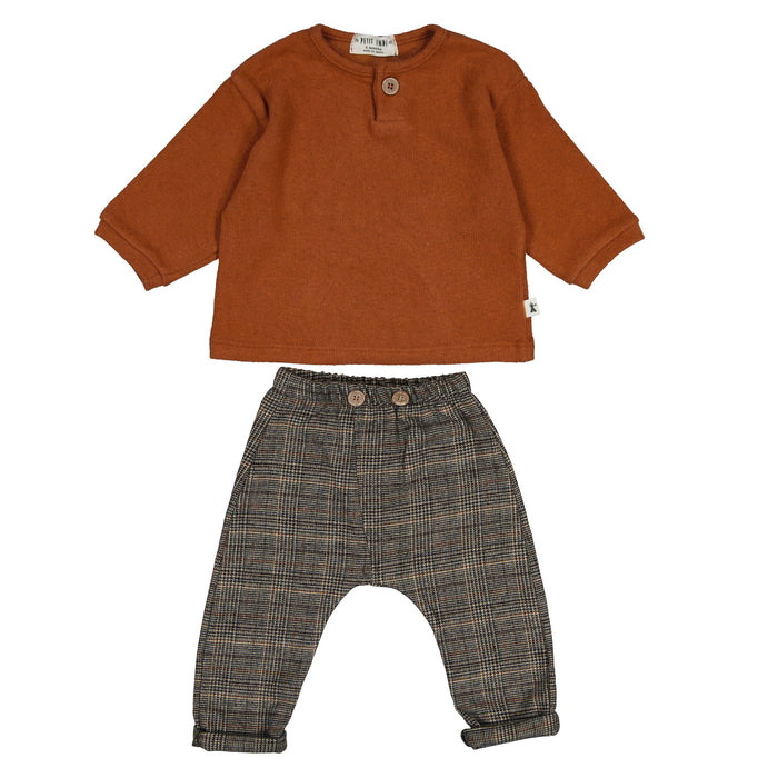 Petit Indi (Made in Spain) - Long Sleeve Henley & Pant Set - Terracotta & Plaid