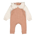 A baby girl's one-piece romper set by U&L, featuring a dusty rose jumpsuit with a ruffled collar and long sleeves, paired with a cream long-sleeve top with a tiny floral print.