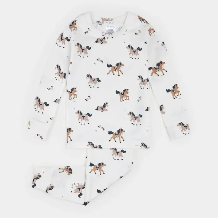 A two-piece long-sleeve pajama set for kids, featuring a white base with an all-over print of brown, black, and beige horses. The set includes a matching top and pants, laid flat on a clean white background.