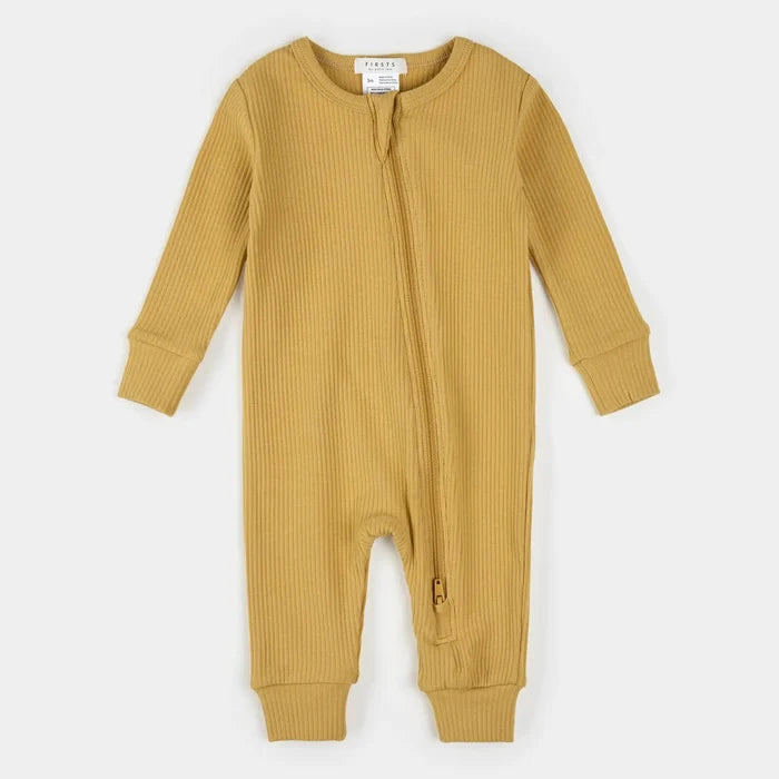 Petit Lem - Organic Cotton & Modal Ribbed Zipper Romper - Golden Yellow-Footies + Rompers (Basic)-3-6M-Posh Baby