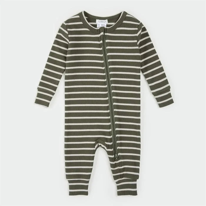 A baby long-sleeve footless one-piece romper with horizontal olive green and off-white stripes, featuring a front zipper closure, photographed flat on a light gray background.