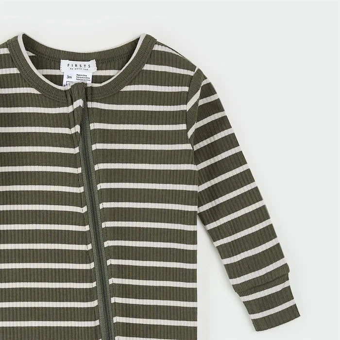 A close-up of a ribbed long-sleeve baby romper in olive green and white horizontal stripes, featuring a front zipper and a visible PINKY brand label.