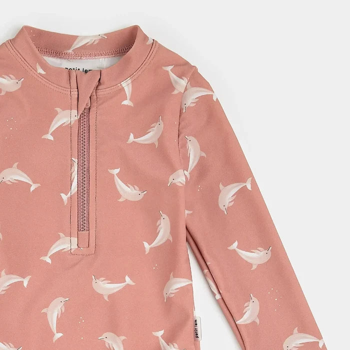 Petit Lem - Rashguard One-Piece - Coral Dolphin-Swim-0-3M-Posh Baby