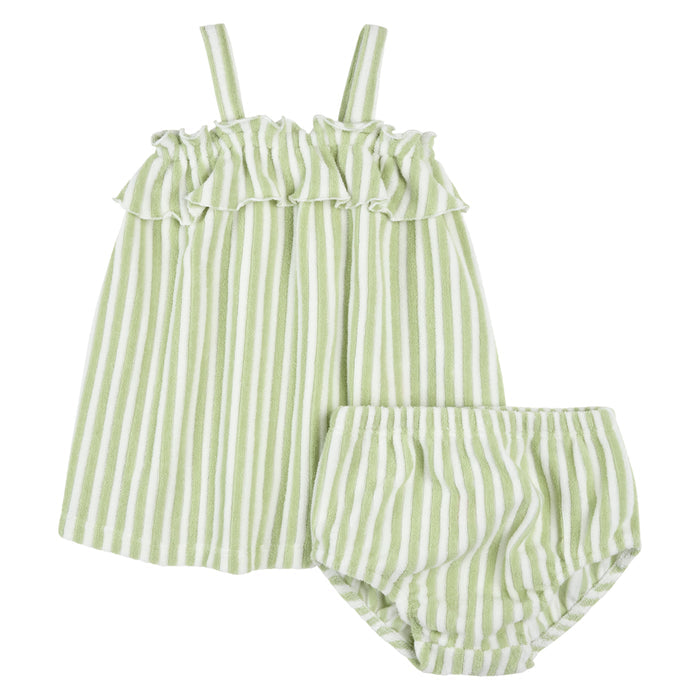 Petit Lem - Ruffle Dress & Bloomers Set - Green Stripe-Dresses-0-3M-Posh Baby