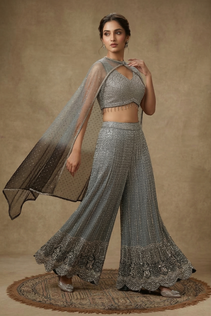 Pigeon Grey Net Embroidered Indo-Western Set